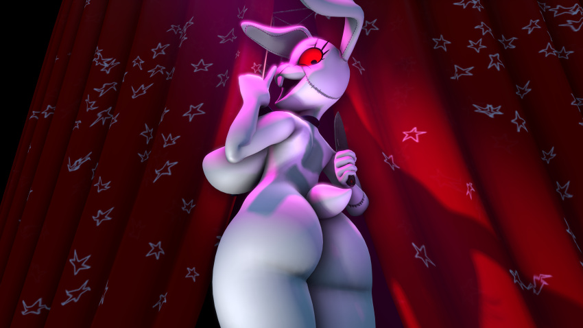 3d_(artwork) absurd_res anthro bludergat99 breasts butt curtains digital_media_(artwork) female five_nights_at_freddy's five_nights_at_freddy's:_security_breach hi_res holding_object holding_weapon knife lagomorph leporid mammal rabbit scottgames shush smile smiling_at_viewer solo source_filmmaker stitched_body vanny_(fnaf) weapon white_body