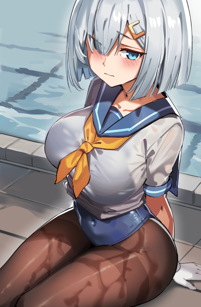 1girl arm_support black_one-piece_swimsuit black_pantyhose blue_eyes blue_sailor_collar blush breasts closed_mouth covered_navel grey_hair greyscale hair_ornament hair_over_one_eye hairclip hamakaze_(kancolle) highres kantai_collection large_breasts monochrome neckerchief one-piece_swimsuit pantyhose pool sailor_collar school_swimsuit school_uniform serafuku short_hair simplecar solo swimsuit swimsuit_under_clothes yellow_neckerchief