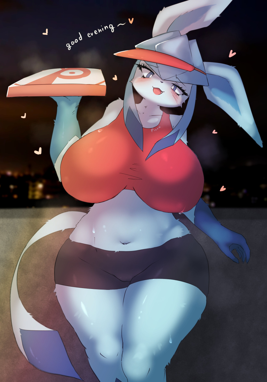 &lt;3 2022 absurd_res anthro anthrofied big_breasts bike_shorts blush bottomwear breasts camel_toe clothing delivery_(commerce) delivery_employee digital_media_(artwork) eeveelution female female_anthro food_carrier food_delivery fur generation_4_pokemon glaceon hat headgear headwear hi_res kemono looking_at_viewer midriff navel nintendo pizza_box pizza_delivery pizza_delivery_carrier pokemon pokemon_(species) pokemorph shorts solo tight_bottomwear tight_clothing tight_shorts wide_hips xanadu_corona