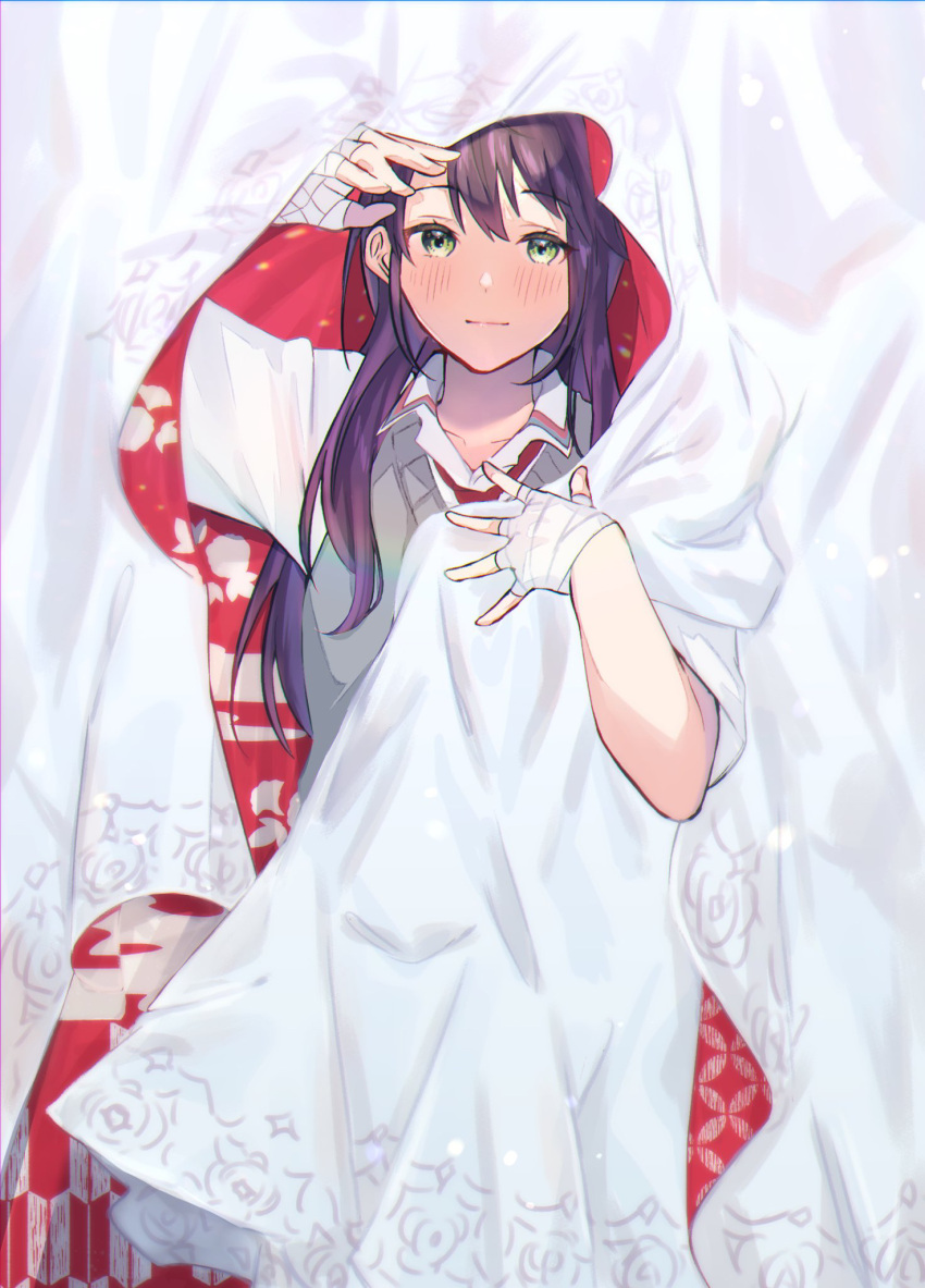 1girl arm_up bandaged_hand bandages bangs blush closed_mouth curtains genderswap genderswap_(mtf) green_eyes hair_between_eyes hand_up highres kenmochi_touya long_hair looking_at_viewer nijisanji purple_hair shirt short_sleeves smile solo sweater_vest tsumetsume_zerii very_long_hair virtual_youtuber white_shirt yagasuri