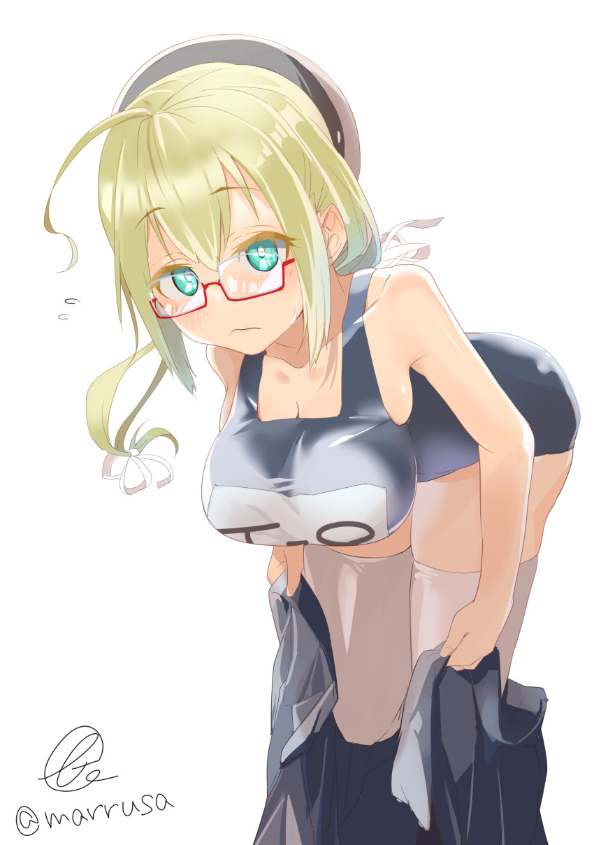 1girl absurdres blonde_hair blush breasts cleavage clothes_pull cowboy_shot embarrassed glasses green_eyes hat highres i-8_(kancolle) kantai_collection large_breasts looking_at_viewer low_twintails marusa_(marrusa) name_tag one-piece_swimsuit peaked_cap red-framed_eyewear sailor_hat school_swimsuit semi-rimless_eyewear signature skirt skirt_pull solo swimsuit thighhighs tri_tails twintails twitter_username under-rim_eyewear undressing white_background white_thighhighs