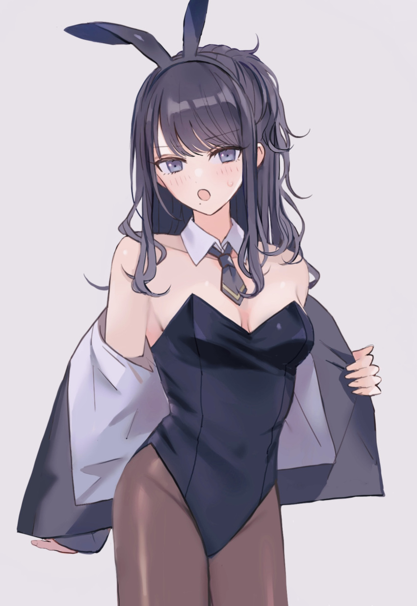 1girl :o animal_ears bare_shoulders black_hair black_leotard black_necktie black_pantyhose blush breasts breasts_apart collarbone detached_collar fake_animal_ears groin highres idolmaster idolmaster_shiny_colors jacket kazano_hiori kinukinu_otofu leotard long_hair looking_at_viewer mole mole_under_mouth necktie open_clothes open_jacket pantyhose playboy_bunny rabbit_ears short_necktie simple_background small_breasts solo sweatdrop undressing very_long_hair