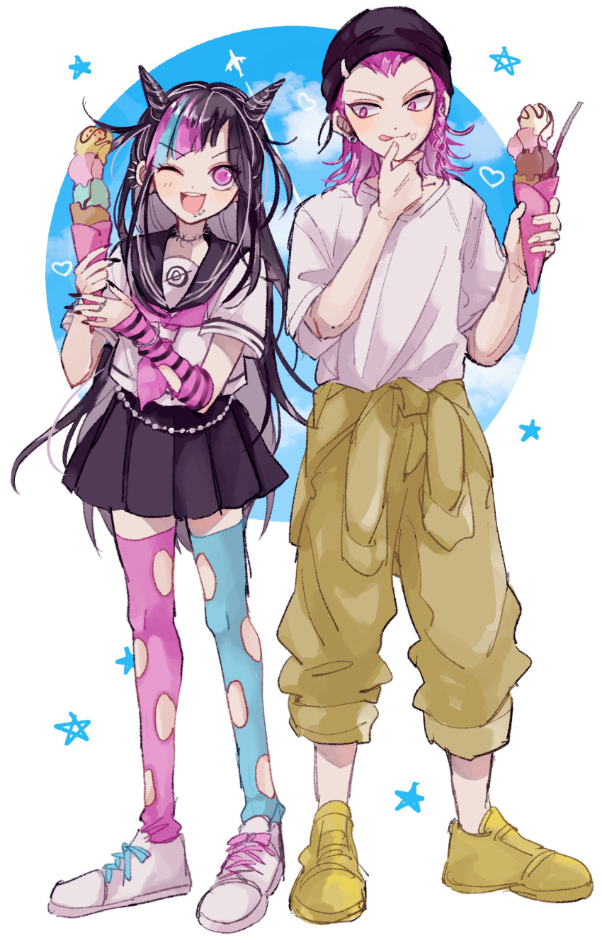 1boy 1girl :d asymmetrical_legwear bangs black_hair black_headwear black_sailor_collar black_skirt blue_background blue_hair danganronpa_(series) danganronpa_2:_goodbye_despair ear_piercing food grey_shirt hair_horns highres holding holding_food ice_cream jewelry jumpsuit jumpsuit_around_waist long_hair medium_hair miniskirt mioda_ibuki mismatched_legwear mouth_piercing multicolored_hair necklace one_eye_closed open_mouth orange_footwear piercing pink_eyes pink_hair sailor_collar school_uniform serafuku shirt short_sleeves skirt smile souda_kazuichi standing teeth thighhighs torn_clothes torn_thighhighs upper_teeth_only white_background white_footwear white_hair yumaaaaa0125 yumachansan