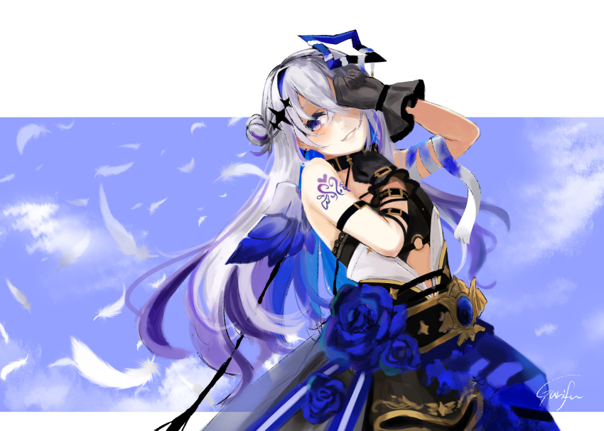 1girl absurdres amane_kanata arm_up bangs bare_shoulders black_collar black_dress black_gloves blue_hair blue_sky blue_wings cloud collar commentary_request day dress feathered_wings feathers gloves grey_hair gurifu hair_between_eyes hair_bun highres hololive looking_at_viewer mini_wings multicolored_hair one_eye_covered purple_eyes single_hair_bun single_side_bun sky smile solo two-tone_hair virtual_youtuber white_feathers wings