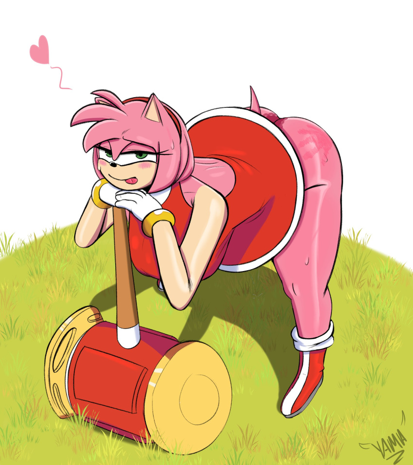 &lt;3 amy_rose anthro bent_over big_butt blush bodily_fluids butt clothing female hammer hi_res looking_at_viewer panties sega solo sonic_the_hedgehog_(series) spank_marks sweat sweatdrop sweaty_legs tongue tongue_out tools underwear yamathegod