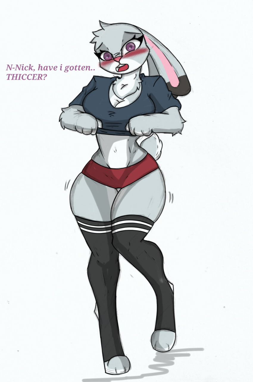 anthro big_breasts blush bottomwear breasts clothing disney female hi_res judy_hopps legwear pace-maker shorts small_waist solo thick_thighs thigh_highs tight_bottomwear tight_clothing tight_shorts wide_hips zootopia