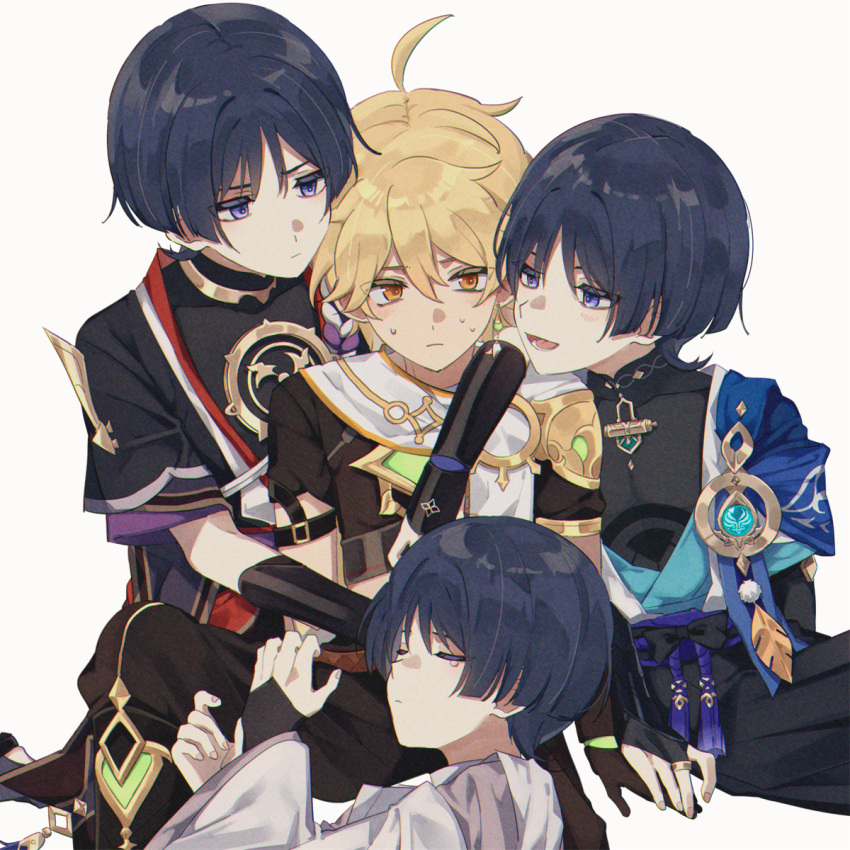 4boys aether_(genshin_impact) ahoge arm_armor arm_up baggy_pants bangs belt black_belt black_bow black_hair black_shirt black_shorts black_vest blonde_hair blue_gemstone blue_vest blunt_ends blush bow braid brown_gloves brown_pants brown_shirt closed_eyes closed_mouth collarbone detached_sleeves earrings fingernails gem genshin_impact gloves gold_necklace grey_scarf hair_between_eyes half-closed_eyes hand_up hands_up highres hug jewelry leaf long_hair long_sleeves looking_at_another lying male_focus mandarin_collar mitsudomoe_(shape) multiple_boys necklace nekoshin_kagari nervous no_headwear official_alternate_costume on_side open_clothes open_mouth open_vest orange_eyes pants pom_pom_(clothes) purple_belt purple_eyes purple_shirt ring scaramouche_(genshin_impact) scaramouche_(kabukimono)_(genshin_impact) scarf shirt short_hair short_sleeves shorts simple_background single_earring sitting sleeping sleeveless sleeveless_shirt smile smug sweat sweatdrop tassel tears teeth tomoe_(symbol) tongue two-tone_vest v-shaped_eyebrows vest vision_(genshin_impact) wanderer_(genshin_impact) white_background white_vest wide_sleeves