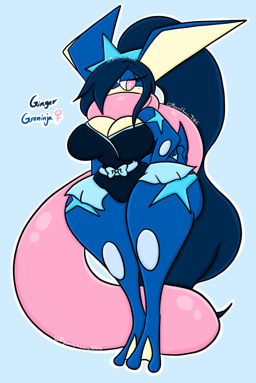 anthro big_breasts blue_background blue_body blue_hair breasts clothed clothing female generation_6_pokemon ginger_(lewdchuu) greninja hair hi_res lewdchuu_(artist) long_tongue ninja nintendo one_eye_obstructed pink_eyes pokemon pokemon_(species) simple_background solo tongue warrior