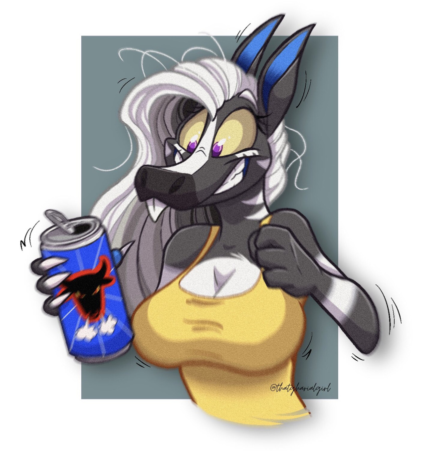 anthro beverage big_breasts blue_ears breasts caffeine clothing crazy_eyes energy_drink female fur grey_body grey_fur grin hair hi_res hyperactive impending_doom jitter mammal mane markings messy_hair out-of-placers purple_eyes shaking shaking_breasts shirt sleeveless_shirt smile solo solo_in_panel thatgharialgirl topwear webcomic white_hair white_mane white_markings yellow_clothing yellow_sclera yellow_shirt yellow_topwear yinglet