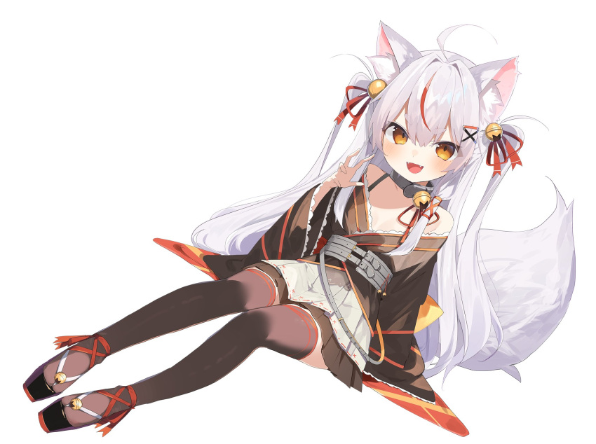 1girl :d animal_ear_fluff animal_ears bare_shoulders bell black_kimono black_thighhighs buran_buta claw_pose collar commission fangs fox_ears fox_girl fox_tail full_body hair_bell hair_ornament highres indie_virtual_youtuber japanese_clothes kamiko_kana kimono kimono_skirt long_hair long_sleeves looking_at_viewer multicolored_hair neck_bell orange_eyes pleated_skirt red_hair second-party_source short_kimono skeb_commission skirt smile streaked_hair tail thick_eyebrows thighhighs two-tone_hair two_side_up v-shaped_eyebrows virtual_youtuber wide_sleeves