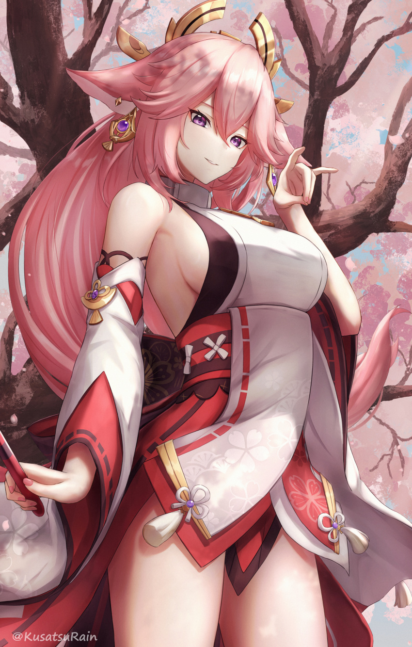1girl absurdres amano_kusatsu animal_ears bare_shoulders breasts cherry_blossoms cowboy_shot detached_sleeves earrings floppy_ears fox_ears fox_girl fox_shadow_puppet fox_tail genshin_impact hair_ornament hand_up highres holding japanese_clothes jewelry large_breasts long_hair long_sleeves looking_at_viewer nontraditional_miko pink_hair purple_eyes shirt sideboob sleeveless sleeveless_shirt solo standing tail thighs very_long_hair white_shirt wide_sleeves yae_miko