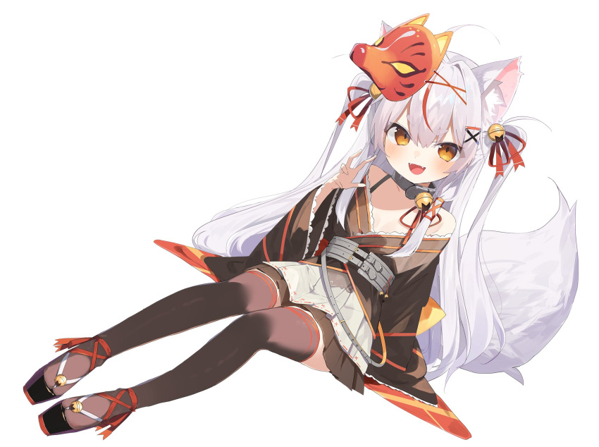 1girl :d animal_ear_fluff animal_ears bare_shoulders bell black_kimono black_thighhighs buran_buta claw_pose collar commission fangs fox_ears fox_girl fox_mask fox_tail full_body hair_bell hair_ornament highres indie_virtual_youtuber japanese_clothes kamiko_kana kimono kimono_skirt long_hair long_sleeves looking_at_viewer mask mask_on_head multicolored_hair neck_bell orange_eyes pleated_skirt red_hair second-party_source short_kimono skeb_commission skirt smile streaked_hair tail thick_eyebrows thighhighs two-tone_hair two_side_up v-shaped_eyebrows virtual_youtuber wide_sleeves