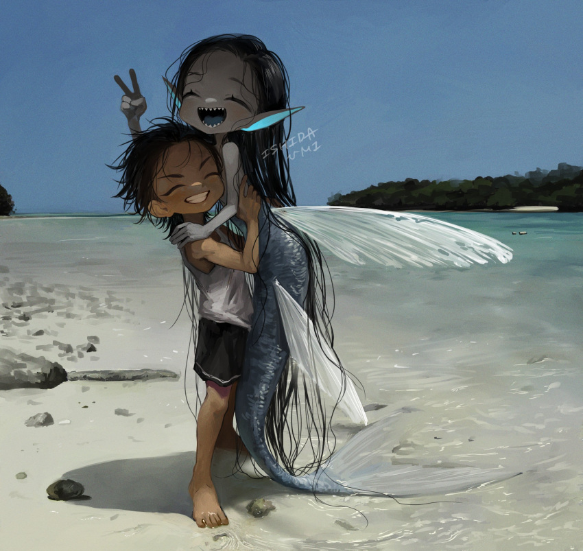 1boy 1girl artist_name barefoot beach black_hair black_shorts blue_sky blue_tongue carrying carrying_person closed_eyes colored_skin colored_tongue day facing_viewer fins from_side full_body grey_skin grin hand_up highres ishida_umi long_hair medium_hair mermaid monster_girl open_mouth original outdoors pointy_ears sharp_teeth shirt shorts sky sleeveless sleeveless_shirt smile standing tan tank_top teeth v very_long_hair watermark white_shirt