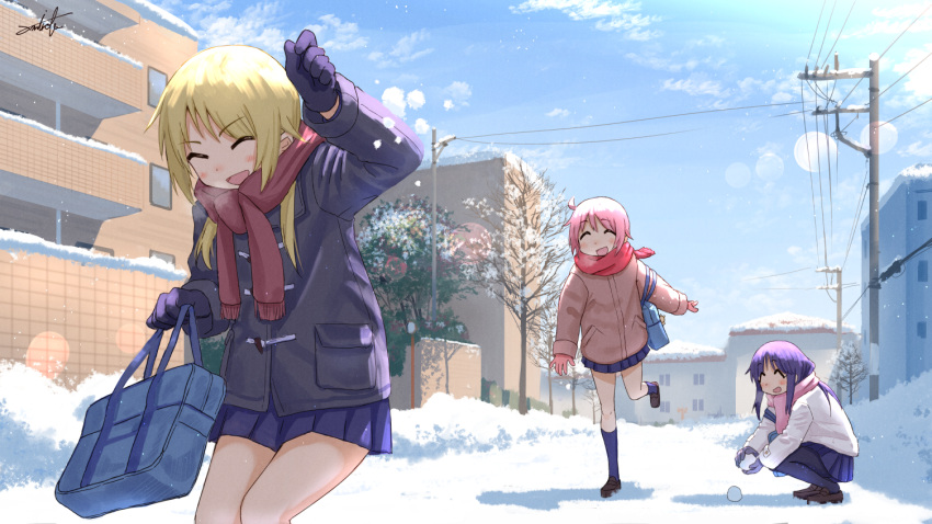 3girls blonde_hair blue_gloves blue_skirt blue_sky blue_socks brown_footwear building closed_eyes cloud coat day gloves hinata_yukari holding_snowball ichii_yui loafers low_twintails miniskirt multiple_girls nonohara_yuzuko open_mouth outdoors pink_gloves pink_hair pink_scarf pleated_skirt purple_hair red_scarf road scarf shoes skirt sky snow snowball snowball_fight socks standing street throwing tree twintails umiroku utility_pole winter winter_clothes winter_coat yuyushiki