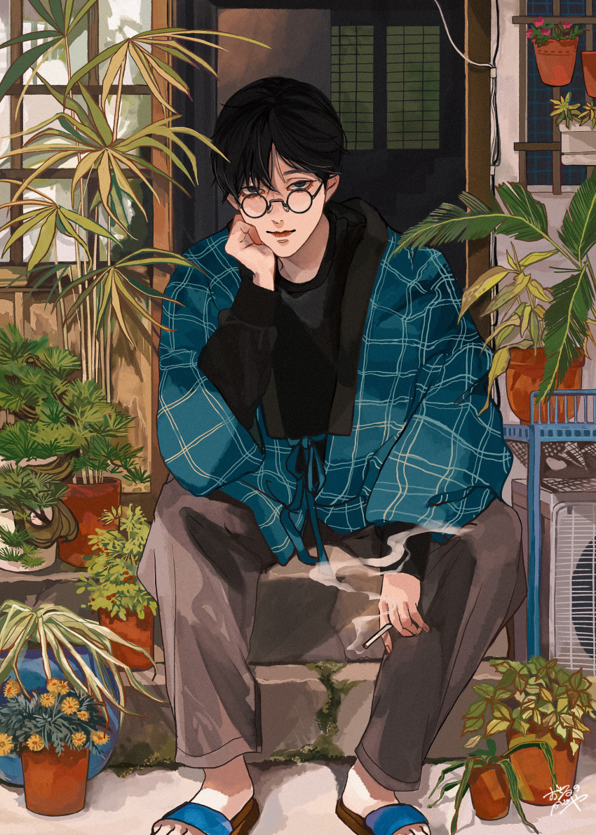 1boy absurdres bangs black_hair black_sweater blue_footwear blue_jacket cigarette closed_mouth door glasses grey_pants hand_up hanten_(clothes) head_rest highres holding holding_cigarette house jacket kagoya1219 light_smile long_sleeves looking_at_viewer looking_over_eyewear male_focus original outdoors pants plaid plaid_jacket plant potted_plant round_eyewear sandals sanpaku short_hair signature sitting sitting_on_stairs smoke smoking solo stairs sweater