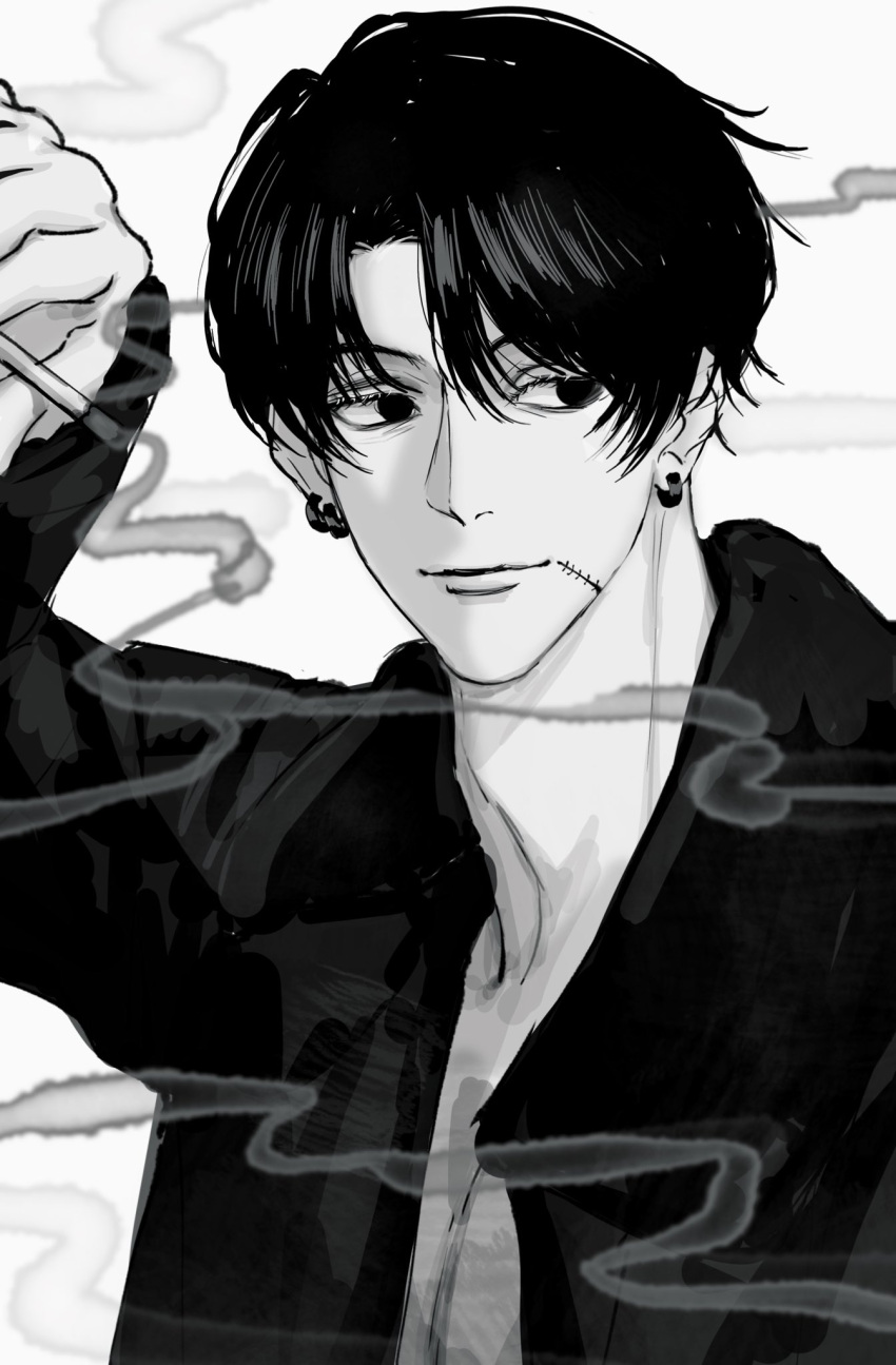 1boy black_coat black_hair chainsaw_man cigarette coat ear_piercing earrings greyscale hand_up highres hoop_earrings jewelry kishibe_(chainsaw_man) kishibe_(young)_(chainsaw_man) light_smile looking_to_the_side male_focus monochrome open_clothes piercing short_hair simple_background smile smoke solo sso_s stitched_face stitches upper_body