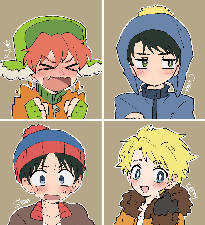 &gt;_&lt; 4boys beanie black_hair blonde_hair blue_eyes blue_headwear blush character_name craig_tucker fingerless_gloves gloves green_eyes green_gloves green_headwear hat highres hood hoodie kenny_mccormick kxh-hxk kyle_broflovski male_child male_focus multiple_boys open_mouth orange_hoodie red_hair south_park stan_marsh zipper