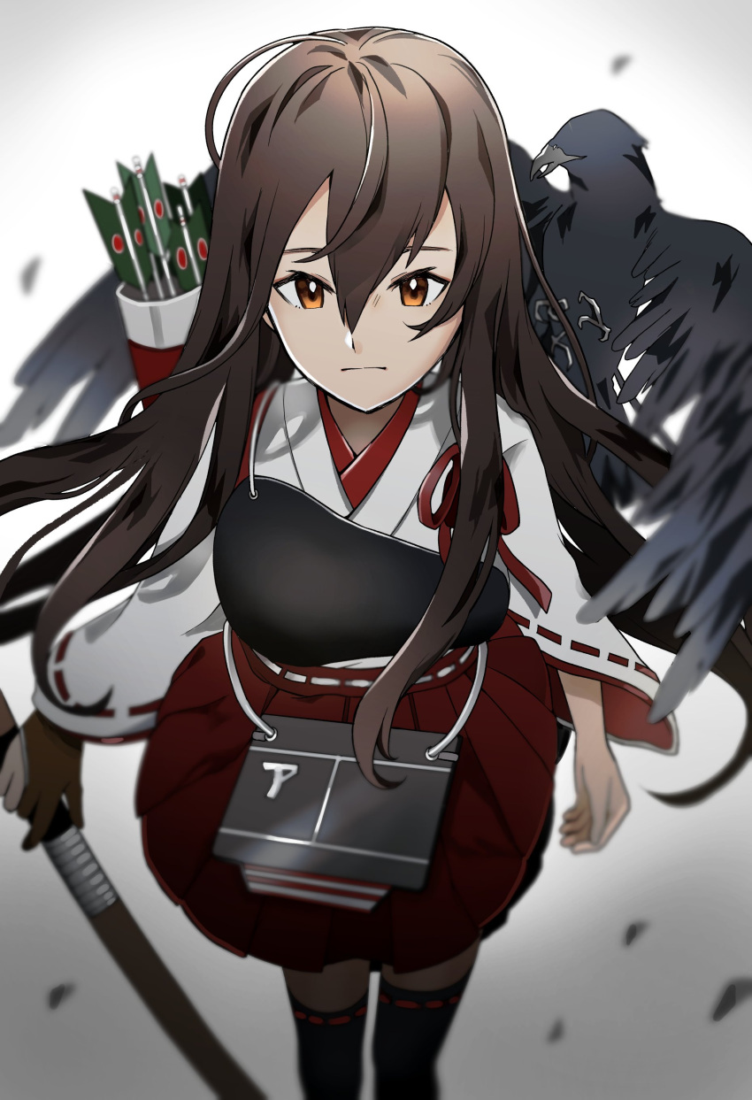 1girl absurdres akagi_(kancolle) akagi_kai_ni_(kancolle) apron arrow_(projectile) black_hair black_thighhighs blurry bow_(weapon) brown_eyes brown_gloves commentary_request depth_of_field feet_out_of_frame flight_deck gloves hakama hakama_short_skirt hakama_skirt highres japanese_clothes jitsukawa_ashi kantai_collection long_hair muneate partially_fingerless_gloves quiver red_hakama red_skirt single_glove skirt solo straight_hair tasuki thighhighs weapon yugake