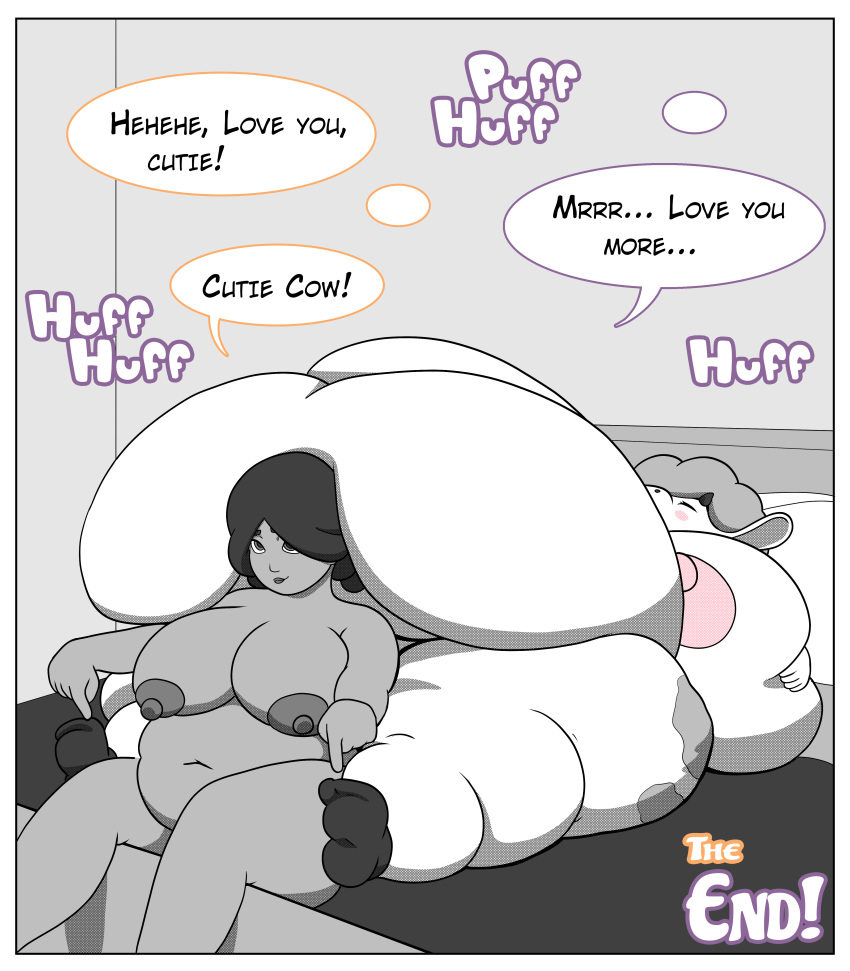 absurd_res belly_kink border bovid bovine cattle comic cow_tf cowgirl_(disambiguation) english_text expansion fat_kink fatgirl female female/female growth hi_res mammal overweight slightly_chubby text trans weight_gain weight_gain_kink white_border