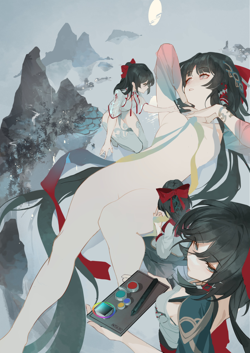 4girls absurdly_long_hair arm_up armpits bangs black_eyes black_hair blunt_bangs boots bow breasts chest_sarashi closed_mouth eyes_visible_through_hair from_above hair_between_eyes hair_bow hair_ornament hair_tubes hakurei_reimu high_ponytail highres holding holding_pen ink inkwell kneeling kneeling_on_liquid long_hair looking_at_viewer looking_back lying moon mountain multiple_girls nude on_back parted_bangs parted_lips pen ponytail red_bow reeh_(yukuri130) reflection reflective_water sarashi shirt sidelocks small_breasts swept_bangs teeth thigh_boots touhou tree very_long_hair water waterfall white_shirt
