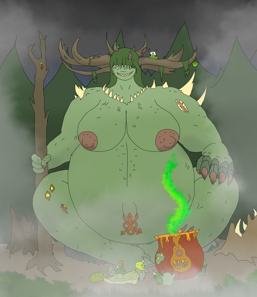 absurd_res age_of_sigmar cauldron demon female fog forest great_unclean_one hammer hi_res horn humanoid monster nurgle plague plant pregnant pregnant_female solo sores spikes tools tree vwpologt warhammer warhammer_(franchise) warhammer_40000 warhammer_fantasy_battle