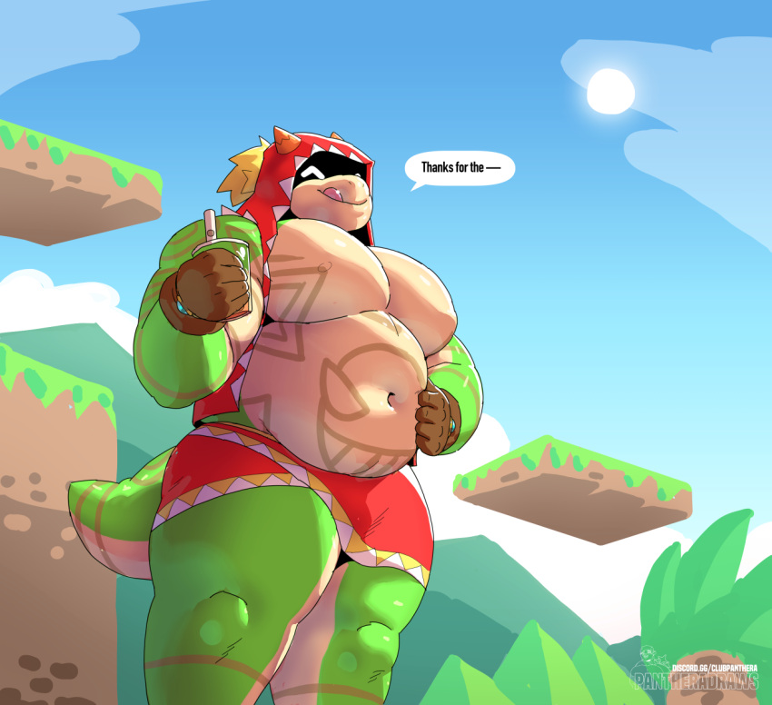 anthro belly beverage bottomwear bubble_tea chubby_male clothed clothing detailed_background digital_media_(artwork) english_text green_body green_scales hair headgear headwear hi_res lizard looking_at_viewer male markings munch_(tribal_hunter) muscular muscular_anthro muscular_male navel pantheradraws pecs reptile scales scalie slightly_chubby solo tea text thick_thighs tongue tribal_hunter white_body white_scales