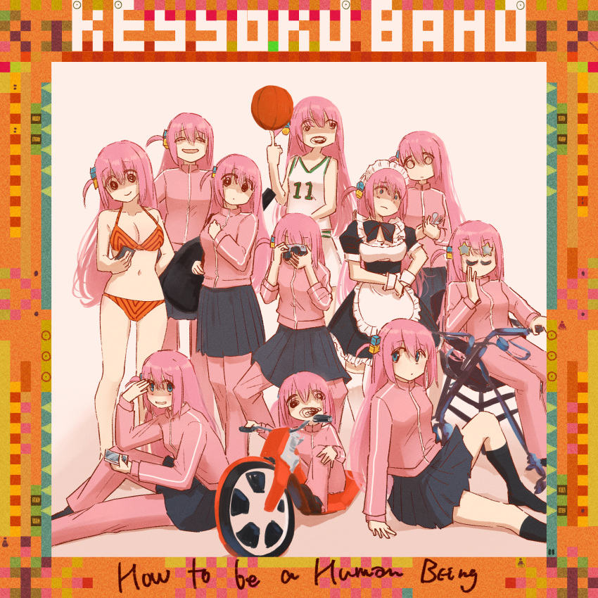 6+girls album_cover_redraw bangs basketball bikini black_bow black_bowtie black_socks blue_eyes bocchi_the_rock! bow bowtie camera commentary cube_hair_ornament derivative_work empty_eyes english_commentary fake_facial_hair fake_mustache glass_animals gotou_hitori grey_background grey_skirt hair_between_eyes hair_ornament highres instrument_case jacket long_hair maid maid_headdress multiple_girls multiple_persona one_side_up orange_bikini pants pants_under_skirt pink_hair pink_jacket pink_pants pleated_skirt sansho_ss sitting skirt socks squiggle standing star-shaped_eyewear sweat swimsuit taking_picture track_jacket track_pants