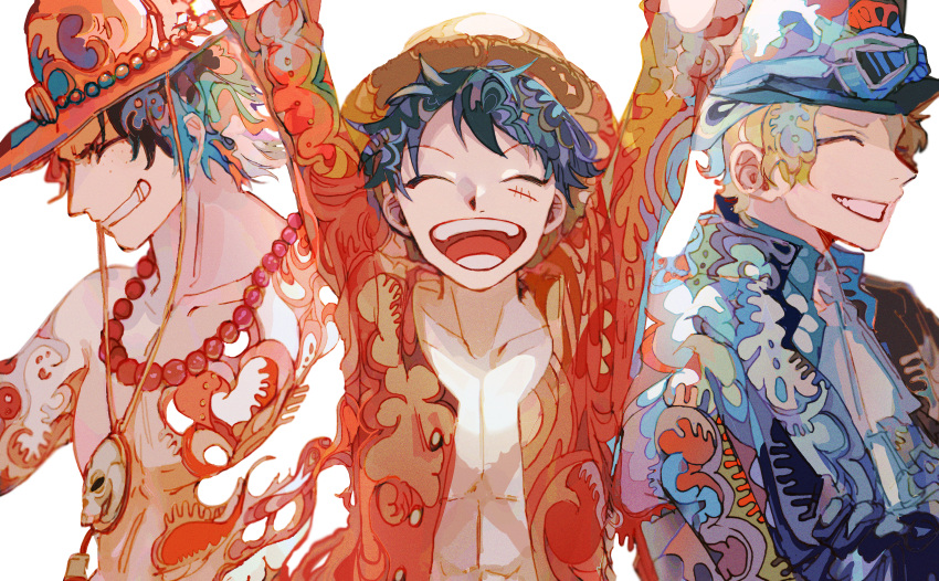 3boys ^_^ absurdres arms_up ascot black_hair blonde_hair brothers closed_eyes coat goggles goggles_on_headwear happy hat highres long_sleeves looking_at_viewer male_focus monkey_d._luffy multiple_boys one_piece open_clothes patterned_clothing patterned_hair portgas_d._ace sabo_(one_piece) scar scar_on_face short_hair siblings smile solo straw_hat top_hat upper_body yadu_nadu
