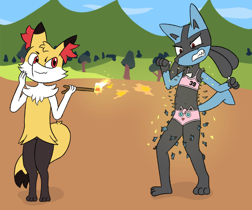 2023 6:5 absurd_res angry assisted_exposure attack battle_damage biped blue_body blue_fur bra braixen cheek_tuft chest_spike clenched_teeth clothed clothing clothing_loss colored_edge_bra colored_edge_panties crystal_(pazymomo) digital_drawing_(artwork) digital_media_(artwork) dipstick_ears dipstick_tail duo embarrassed ember_(move) exploding_clothing exposed_bra exposed_panties face_panties face_underwear facial_tuft female flame_(pazymomo) full-length_portrait fur generation_4_pokemon generation_6_pokemon head_markings hi_res holding_object holding_stick looking_at_another looking_down lucario male markings multicolored_ears navel nintendo outside panties paws pazymomo pink_bra pink_clothing pink_panties pink_underwear pokemon pokemon_(species) pokemon_panties portrait pseudo_clothing pseudo_clothing_removed pseudo_dress pupils red_eyes small_pupils smile smirk spikes spikes_(anatomy) standing stick tail tail_markings teeth text text_on_bra text_on_clothing text_on_underwear torn_pseudo_clothing training_bra tuft underwear underwear_only wardrobe_malfunction white_body white_fur yellow_body yellow_fur