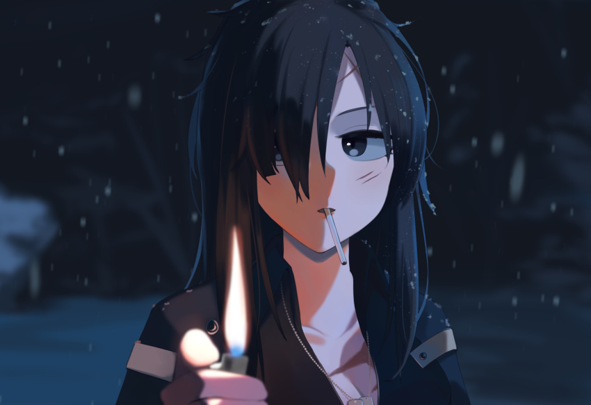 1girl angelia_(girls'_frontline) bangs black_eyes black_hair black_jacket blurry blurry_background cigarette cigarette_holder collarbone girls'_frontline hair_over_one_eye highres hinami047 holding holding_lighter jacket jewelry lighter long_hair looking_at_viewer mouth_hold necklace open_mouth parted_lips scar scar_on_face snowflakes solo upper_body