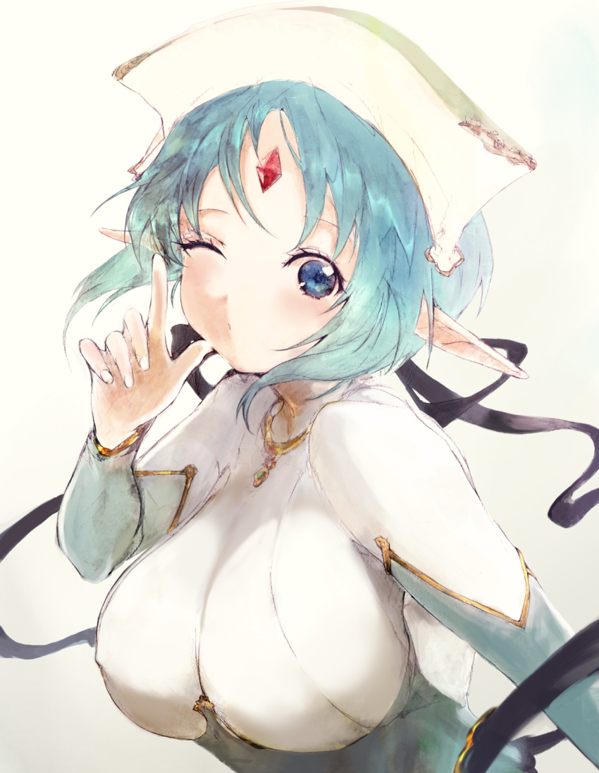 1girl agulo aqua_hair blue_eyes blue_hair bob_cut breasts finger_to_cheek forehead_jewel hat highres large_breasts looking_at_viewer modern_kalar one_eye_closed pointy_ears rance_(series) rance_10 short_hair simple_background smile solo upper_body