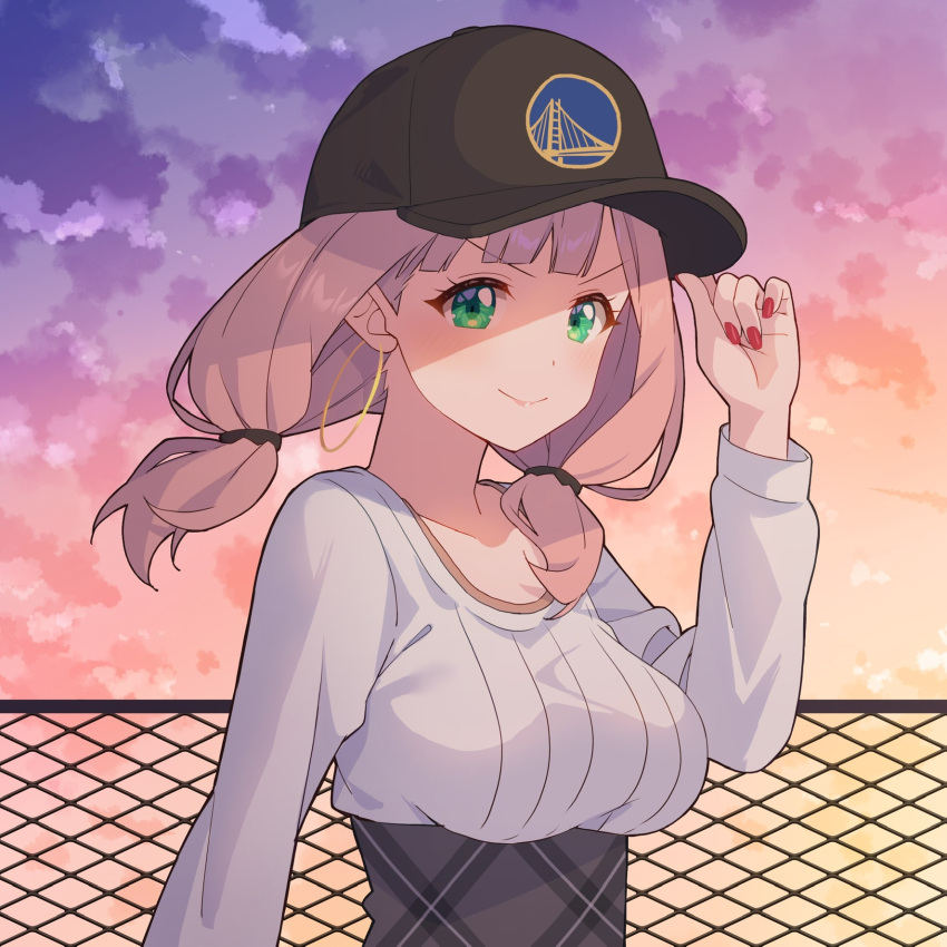 1girl bang_dream! baseball_cap breasts chain-link_fence cloud earrings fence golden_state_warriors green_eyes hat highres jewelry low_twintails medium_breasts medium_hair national_basketball_association shirt sky solo sunset twintails uehara_himari underbust v-shaped_eyebrows white_shirt yazawa_happyaro