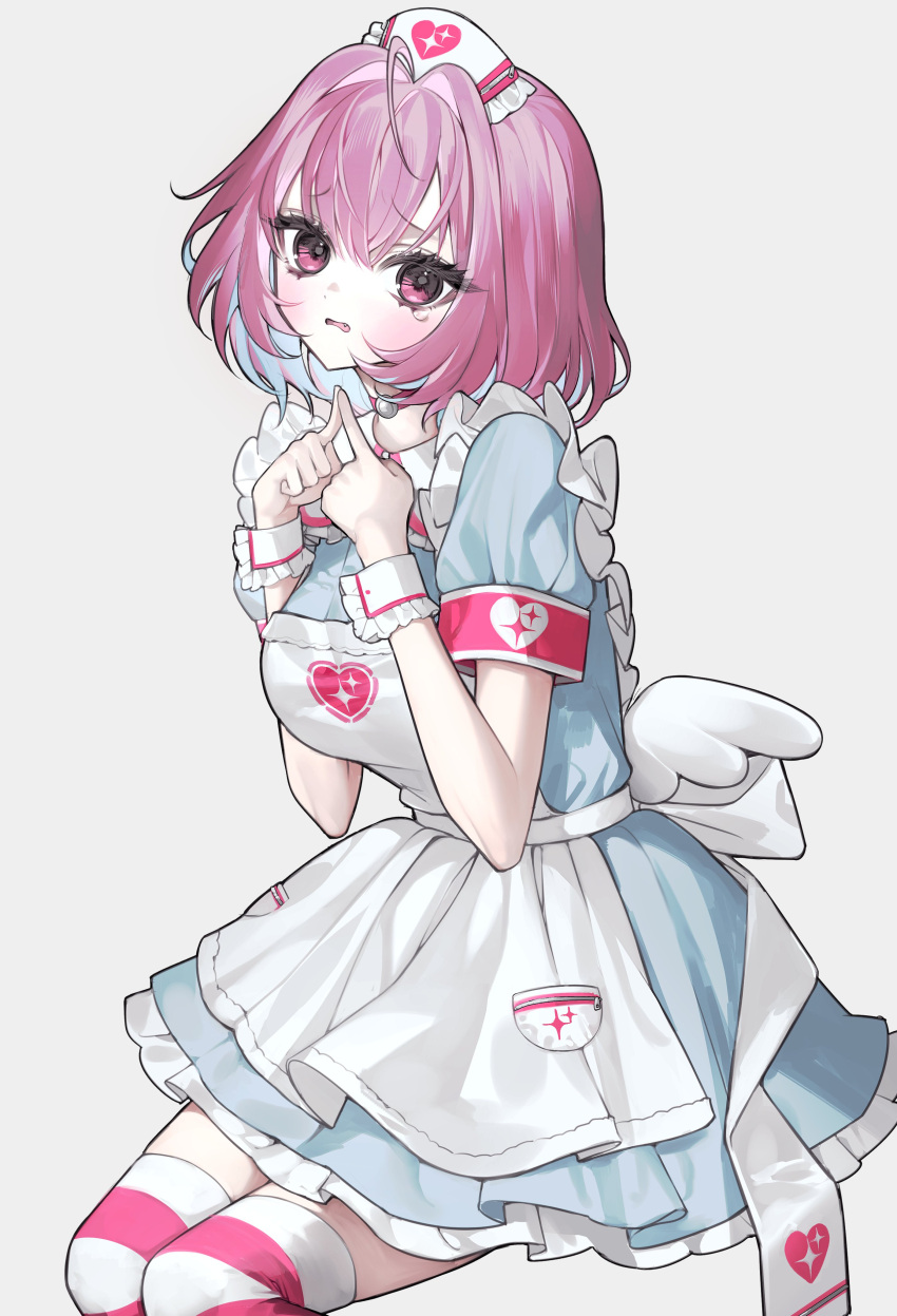1girl absurdres apron bamme_o3o blue_dress blue_hair blush breasts choker dress fake_wings grey_background hair_intakes hat highres idolmaster idolmaster_cinderella_girls index_fingers_together large_breasts looking_at_viewer multicolored_hair nurse_cap open_mouth pink_choker pink_eyes pink_hair puffy_short_sleeves puffy_sleeves short_hair short_sleeves simple_background single_tear solo striped striped_thighhighs thighhighs two-tone_hair white_apron white_wings wings wrist_cuffs yumemi_riamu