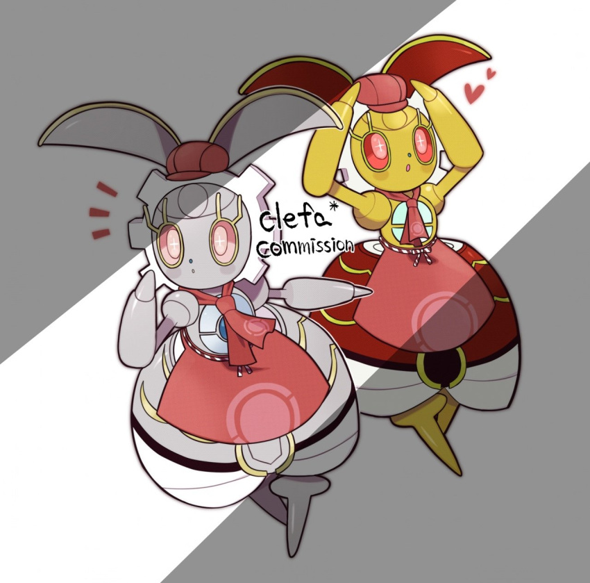 alternate_color apron chirosamu clothed_pokemon commentary_request commission hat highres korean_commentary magearna no_humans notice_lines pokemon pokemon_(creature) pokemon_cafe_mix red_apron red_headwear shiny_pokemon waist_apron