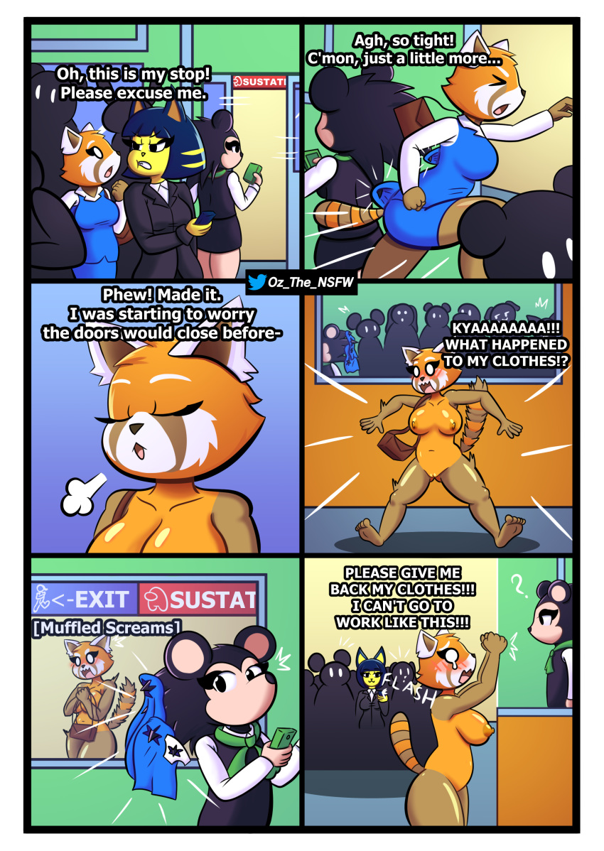 absurd_res aggressive_retsuko ailurid animal_crossing ankha_(animal_crossing) anthro areola big_breasts black_clothing black_eyes black_jacket black_topwear blue_bottomwear blue_clothing blue_hair blue_skirt blue_topwear blush bottomwear breasts brown_body brown_fur clothed clothing comic dialogue domestic_cat embarrassed empty_eyes eulipotyphlan eyelashes eyes_closed facial_markings felid feline felis female fur genitals green_scarf group hair head_markings hedgehog hi_res jacket labelle_able mammal markings nintendo nipples nude office_clothing office_lady open_mouth orange_areola orange_body orange_fur orange_nipples oz_the_freak pussy question_mark red_panda retsuko sanrio scarf shirt skirt striped_markings striped_tail stripes subway tail tail_markings text thick_thighs topwear trio wardrobe_malfunction white_body white_clothing white_eyes white_fur white_shirt white_topwear wide_hips yellow_body yellow_fur