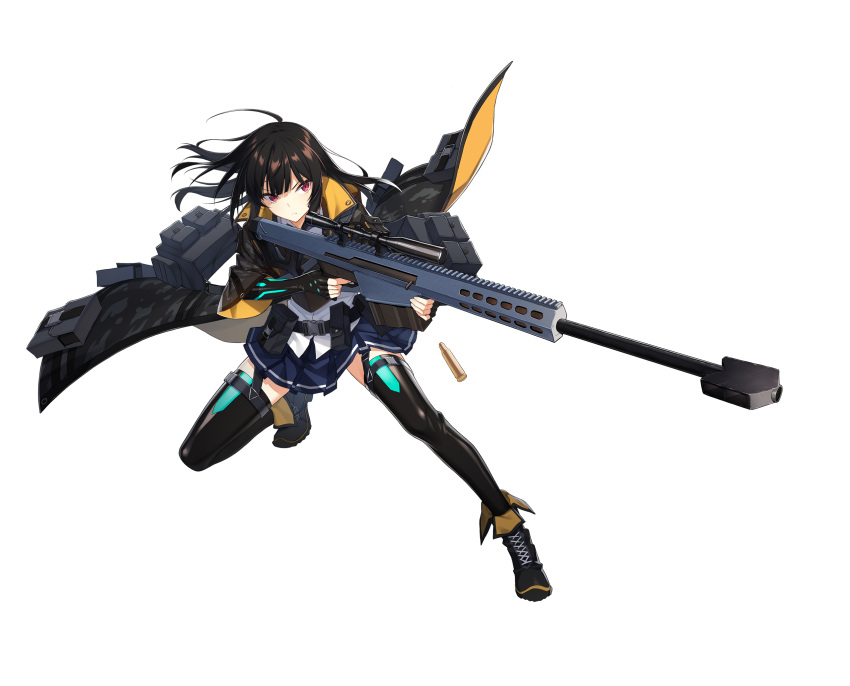 1girl anti-materiel_rifle bag belt black_hair black_jacket black_thighhighs casing_ejection counter:side full_body gun highres holding holding_gun holding_weapon jacket long_hair official_art red_eyes rifle scope serious shell_casing skirt sniper_rifle thighhighs transparent_background weapon xiao_lin_(counter:side)