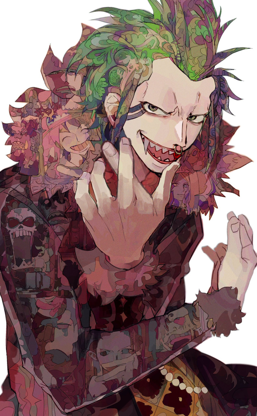 1boy bartolomeo brook_(one_piece) green_hair highres jinbe_(one_piece) looking_at_viewer male_focus monkey_d._luffy nami_(one_piece) nico_robin nose_piercing nose_ring one_piece patterned_clothing patterned_hair piercing roronoa_zoro sharp_teeth short_hair smile solo teeth tusks upper_body yadu_nadu