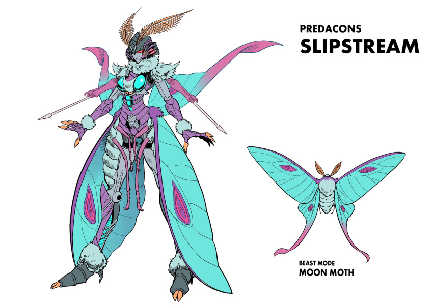 1girl antennae beast_wars breasts bug full_body fur highres looking_at_viewer mecha moth multiple_views oohara_tetsuya open_hands predacon redesign robot slipstream_(transformers) small_breasts smile solo_focus standing transformers