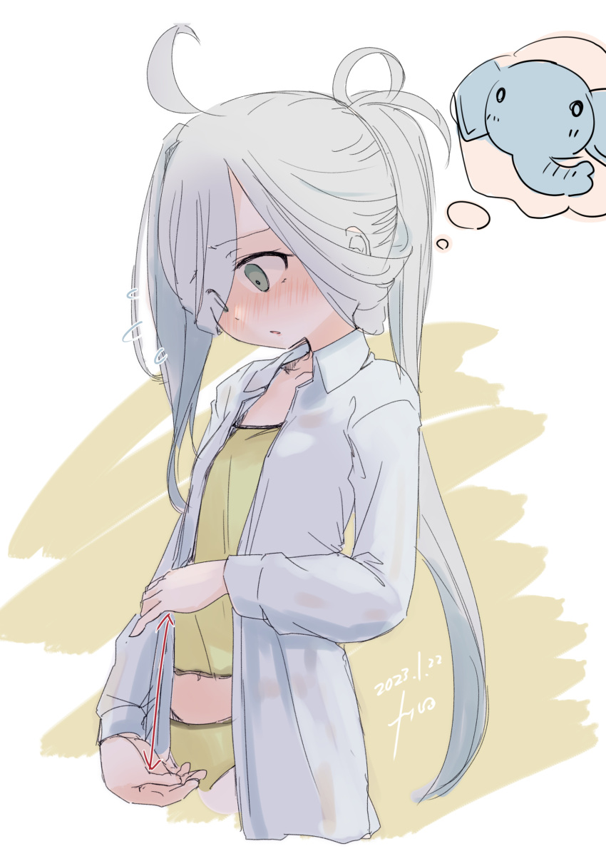 absurdres ahoge arrow_(symbol) asashimo_(kancolle) camisole collared_shirt commentary_request dress_shirt elephant flying_sweatdrops fyuo grey_eyes grey_hair hair_over_one_eye highres kantai_collection long_hair looking_down one-hour_drawing_challenge open_clothes open_shirt panties penis_measuring ponytail shirt underwear white_shirt yellow_camisole yellow_panties