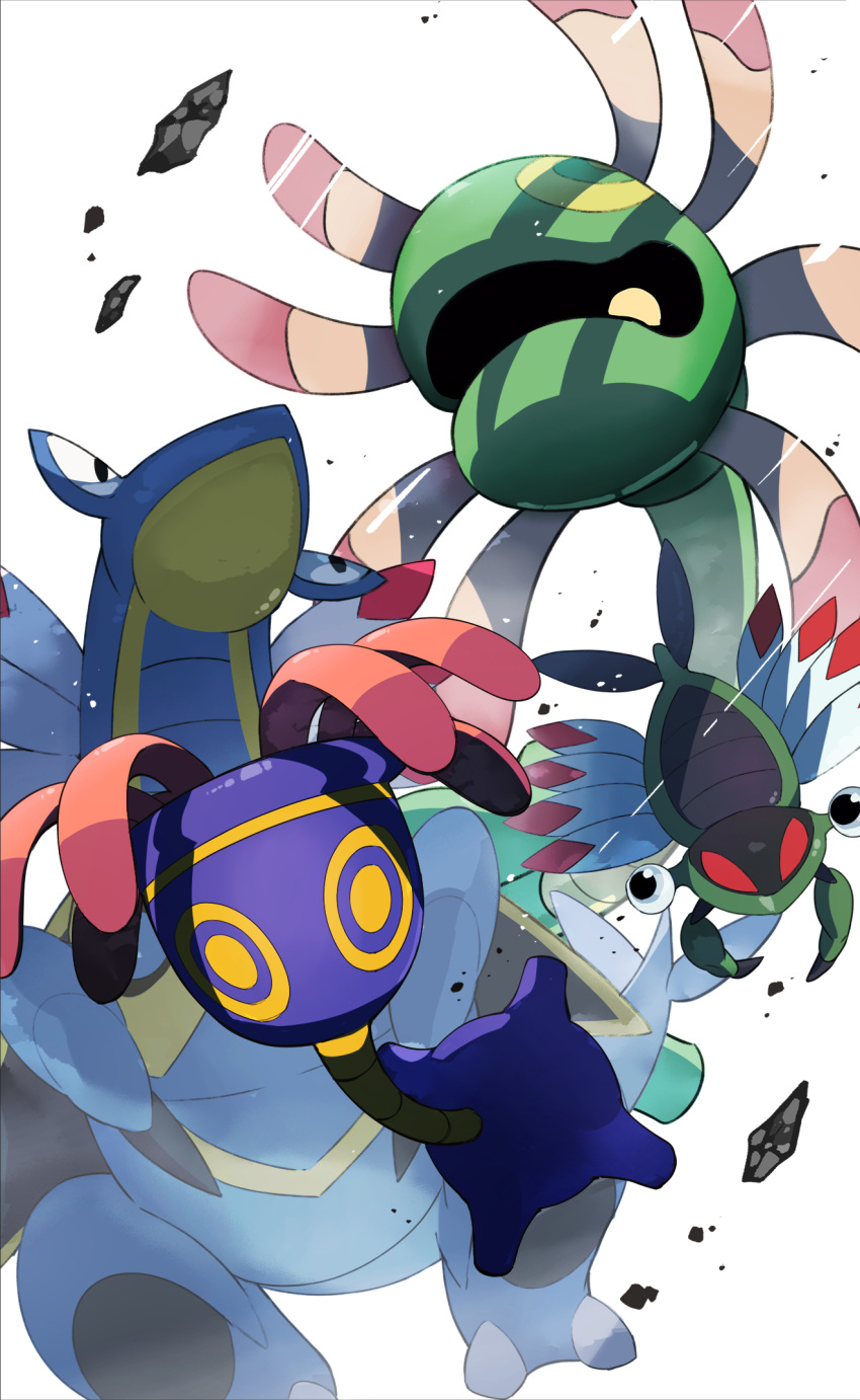 anorith armaldo black_eyes claws commentary_request cradily evolutionary_line fujiwara_echi highres lileep looking_up no_humans pokemon pokemon_(creature) rock tentacles white_background yellow_eyes