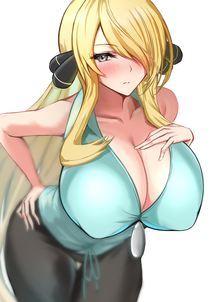1girl blonde_hair blush breasts closed_mouth cynthia_(pokemon) grey_eyes hair_ornament hair_over_one_eye highres kaoru1307 large_breasts long_hair looking_at_viewer pokemon pokemon_(anime) pokemon_bw_(anime) simple_background solo upset very_long_hair