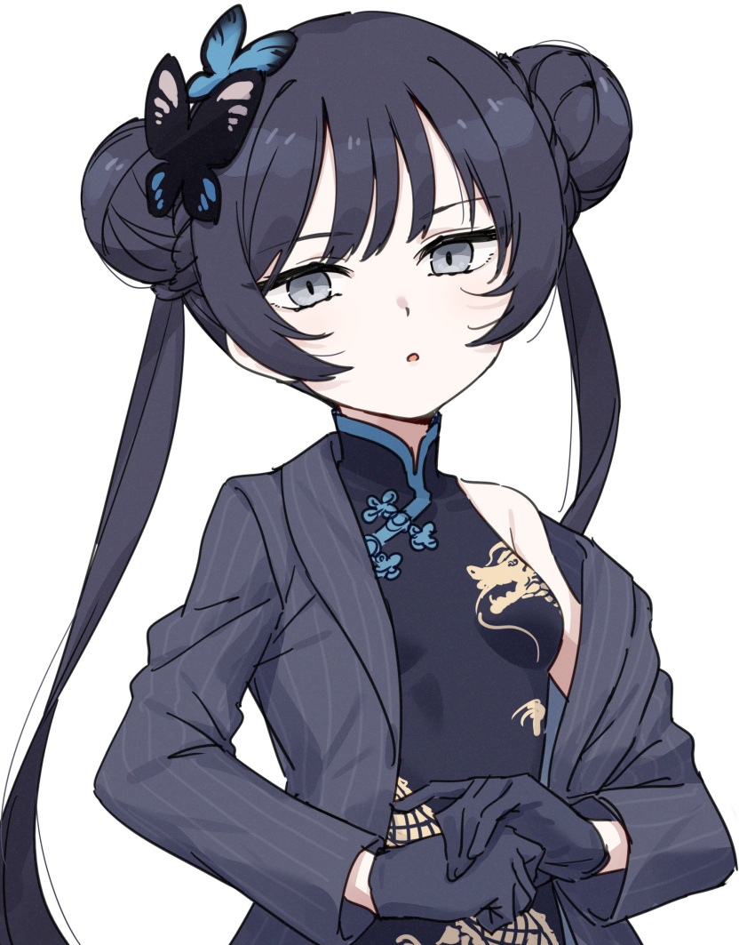 1girl absurdres black_dress black_gloves black_hair black_jacket blue_archive breasts butterfly_hair_ornament china_dress chinese_clothes double_bun dress gloves grey_hair hair_bun hair_ornament highres jacket kisaki_(blue_archive) long_hair looking_at_viewer nagami_tami off_shoulder pinstripe_jacket pinstripe_pattern small_breasts solo striped twintails