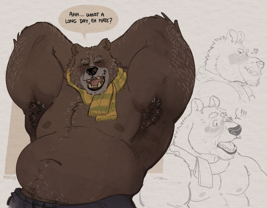 &lt;3 anthro armpit_hair bear belly big_belly blind_eye blush body_hair bottomwear brown_body brown_fur clothed clothing dreamworks english_text exclamation_point eyes_closed fur hands_behind_head hi_res male mammal mature_male moobs multiple_images musclegut muscular muscular_male nipples open_mouth open_smile overweight overweight_male papa_bear_(puss_in_boots) pecs puss_in_boots_(film) puss_in_boots_the_last_wish scarf simple_background smile solo teeth text topless xeoniios