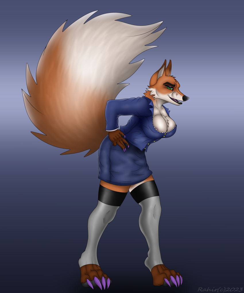 anthro big_(disambiguation) bottomwear breasts business canid canine claws cleavage clothed clothing digital_media_(artwork) dress female fluffy fox hi_res invalid_tag legwear mammal paws skirt stockings tail