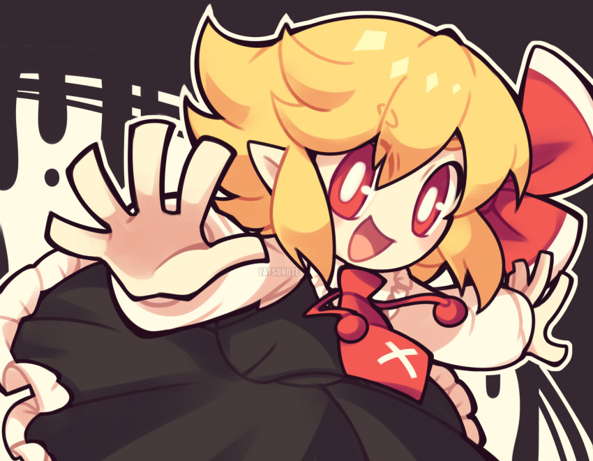 1girl artist_name black_dress blonde_hair bright_pupils commentary dress english_commentary frilled_dress frills hair_ribbon highres long_sleeves necktie open_mouth outstretched_arms pointy_ears red_eyes red_necktie red_ribbon ribbon rumia shirt short_hair smile solo spread_arms touhou white_pupils white_shirt yatsunote