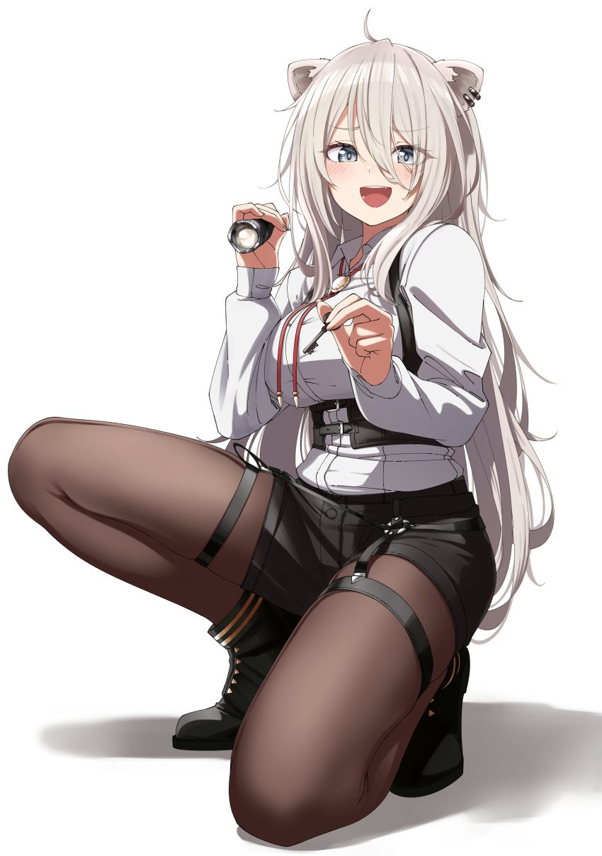 1girl absurdres animal_ears ankle_boots black_footwear black_pantyhose black_shorts bolo_tie boots breasts chest_harness collared_shirt fangs flashlight grey_hair harness highres holding holding_flashlight holding_key hololive key kneeling large_breasts legwear_garter lion_ears lion_girl long_hair long_sleeves looking_at_viewer official_alternate_costume open_mouth pantyhose shinomu_(cinomoon) shirt shishiro_botan shoes short_shorts shorts solo thigh_strap underbust virtual_youtuber white_shirt