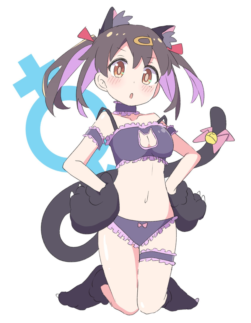 1girl animal_ears animal_hands armband black_hair blush bow bow_panties breasts cat_ears cat_lingerie cat_tail choker cleavage_cutout clothing_cutout colored_inner_hair frilled_armband frilled_choker frilled_panties frills gloves hair_ornament hairclip hands_on_hips highres kneeling looking_at_viewer medium_breasts meme_attire multicolored_hair onii-chan_wa_oshimai! orange_eyes oyama_mihari panties paw_gloves purple_choker purple_hair purple_panties solo tail teira_(ooxoo) thigh_strap two-tone_hair underwear