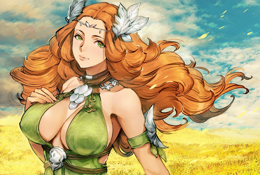 1girl bare_shoulders blue_sky breasts circlet cleavage cleavage_cutout clothing_cutout cloud cloudy_sky collarbone covered_nipples day detached_sleeves dress field final_fantasy final_fantasy_xiv floating_hair from_side green_dress green_eyes halter_dress halterneck hand_on_own_chest hand_up head_wreath highres kin_mokusei large_breasts laurel_crown long_hair looking_at_viewer mature_female nophica orange_hair outdoors sky sleeveless sleeveless_dress smile solo upper_body wavy_hair wheat_field