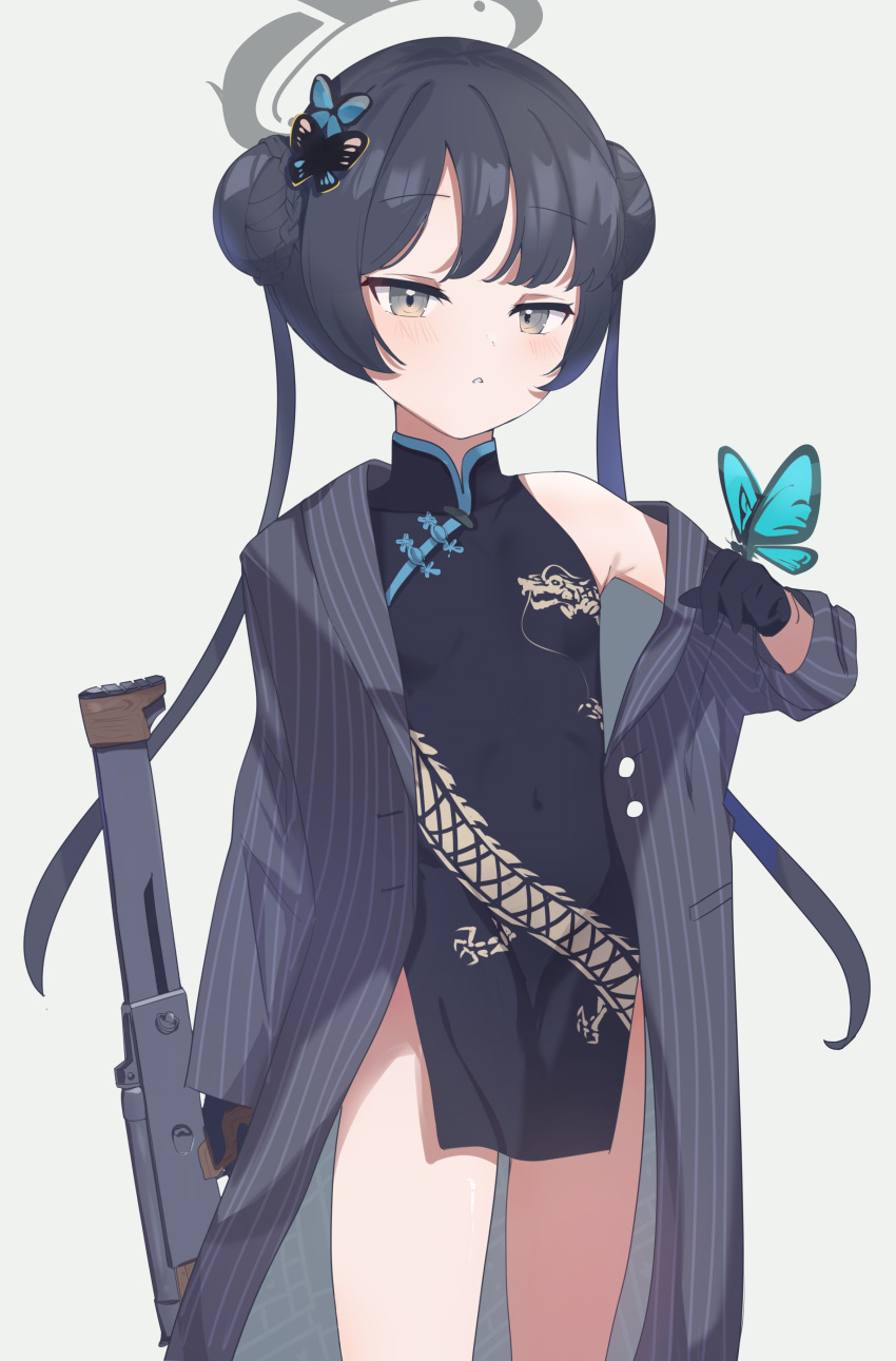 1girl absurdres black_dress black_gloves black_hair black_jacket blue_archive bug butterfly butterfly_hair_ornament butterfly_on_hand china_dress chinese_clothes double_bun dress gloves grey_eyes gun hair_bun hair_ornament halo highres holding holding_gun holding_weapon jacket kisaki_(blue_archive) long_hair looking_at_viewer off_shoulder ooho0216 pinstripe_jacket pinstripe_pattern solo striped twintails weapon