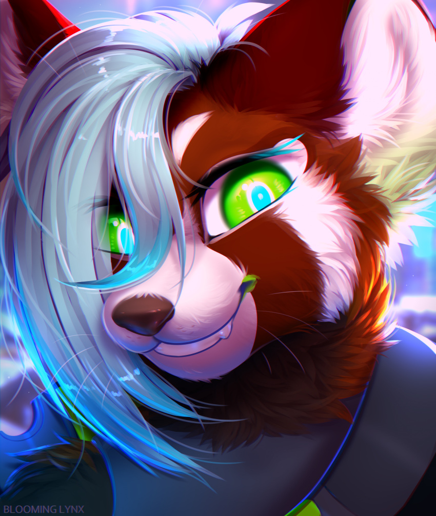 2023 absurd_res ailurid anthro artist_name bloominglynx clothing cyberpunk digital_media_(artwork) fur green_eyes hair hi_res mammal red_panda smile solo teeth topwear